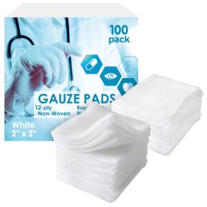 White Cotton Gauze Pads Non Sterile, 2 x 2 Inches. 100 Pack Disposable Non Sterile Gauze Pads. 12-Ply Absorbent Surgical Gauze Pad. Breathable Medical Gauze Squares for Injuries, Scratches