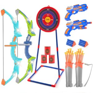 VEVOR Bow and Arrow Set for Kids, 2 Pack LED Light Up Archery Set with 20 Suction Cup Arrows, Standing Target, 2 Quivers, 2 Guns, 20 Soft Bullets, 3 Target Cans, Outdoor Toy for Boy & Girl 6+ Year Old