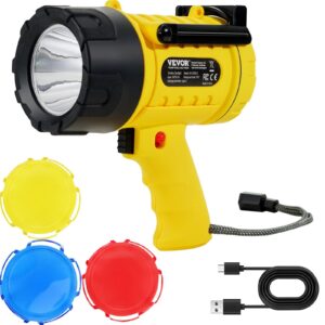 VEVOR Rechargeable Spotlight Flashlight, 1000,000 Lumens, IP67 Waterproof Handheld LED Spot Light, Super Bright Portable Searchlight with 4 Modes Detachable Lens USB Port, for Hunting Boating Camping