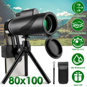 80x100 HD Monocular Telescope for Adults BAK-4 Prism High Power Monocular for Smartphone with FMC Lens Phone Adapter Tripod Case for Bird Watching Hunting Hiking Camping